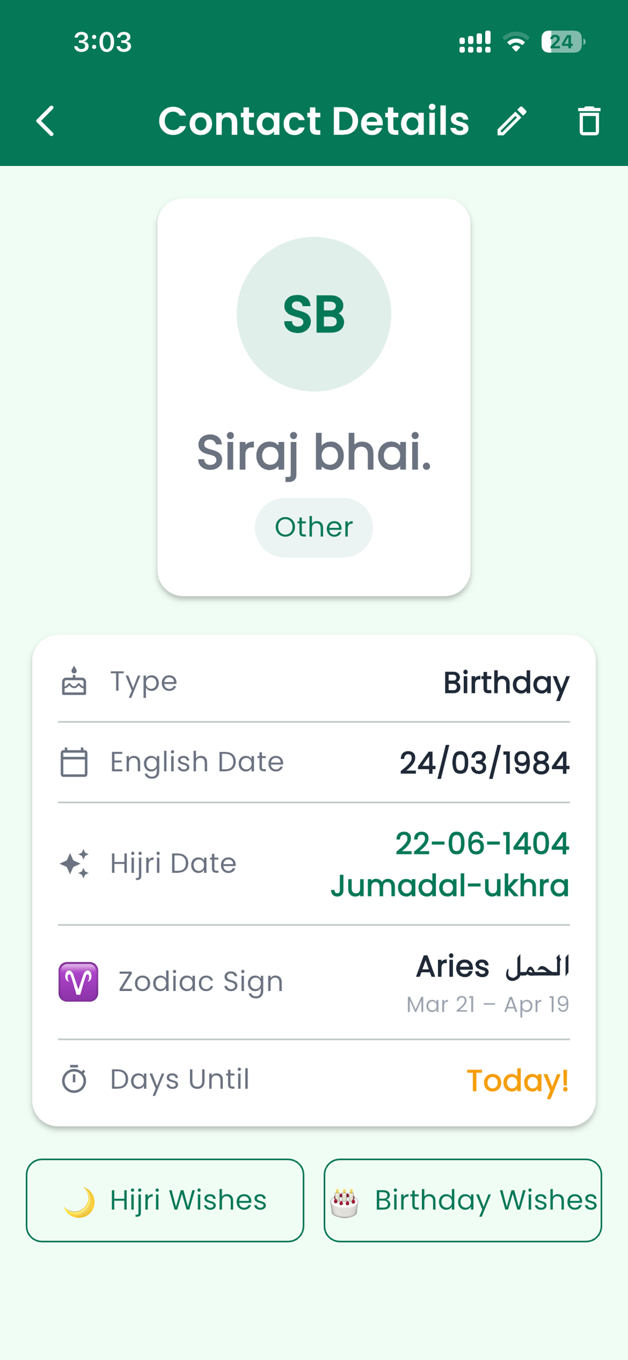 Contact Details with Zodiac